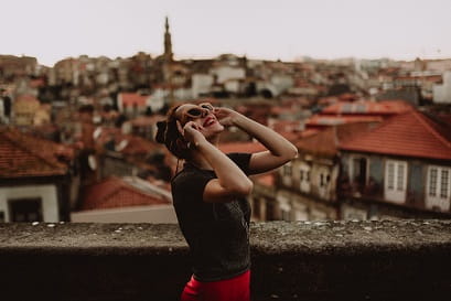 laughing women in roof tops