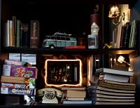 cluttered bookshelf