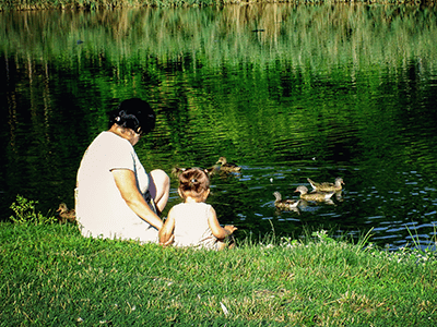 An image of a family feeding ducks at a park for our blog on the best parks in Orprington
