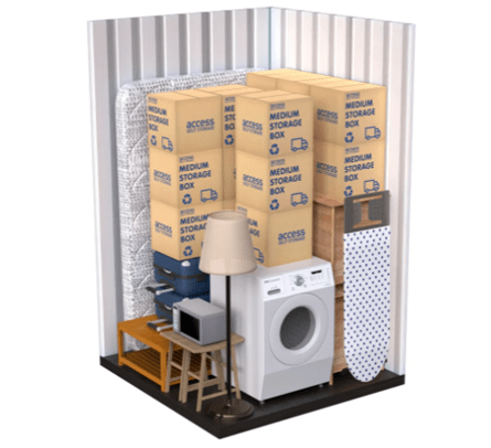 25 sq ft self storage unit with washing machine, storage boxes, furniture, and household items at Access Self Storage