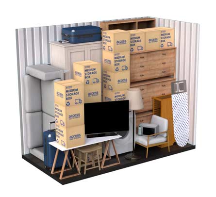 50 sq ft self storage unit with wardrobes, drawers, washing machine, storage boxes, ironing board, and luggage at Access Self Storage