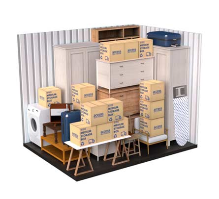 75 sq ft self storage unit with large furniture, TV, microwave, boxes, ironing board, and suitcases at Access Self Storage