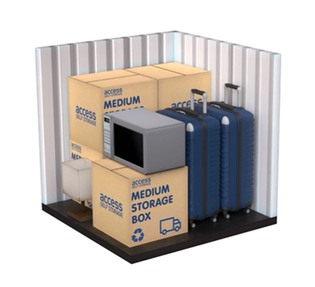 9 sq ft self storage unit with medium storage boxes, microwave, and suitcases at Access Self Storage